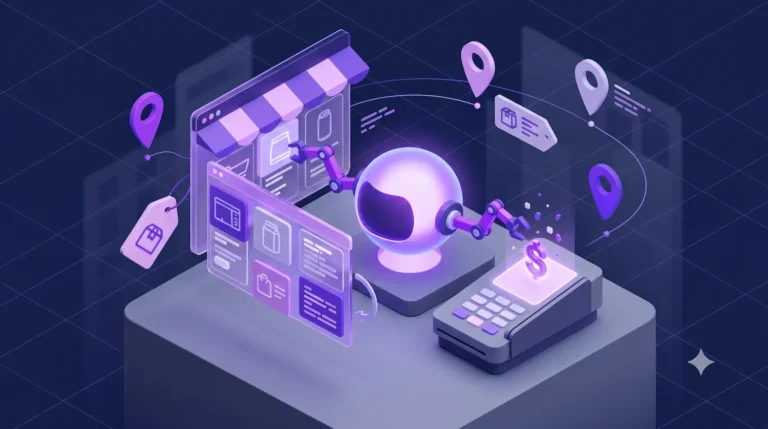 A 3D isometric illustration of a seamless agentic commerce journey: a smartphone base shows a user prompt evolving into a glowing path of AI nodes, leading to a successful checkout checkmark and a delivery box on a navy blue background.