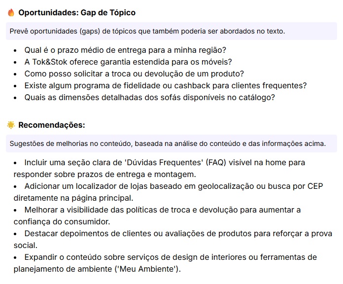 Recomendações e oportunidades para a página inicial da Tok&Stok com base na avaliação do Google AI Mode Insights