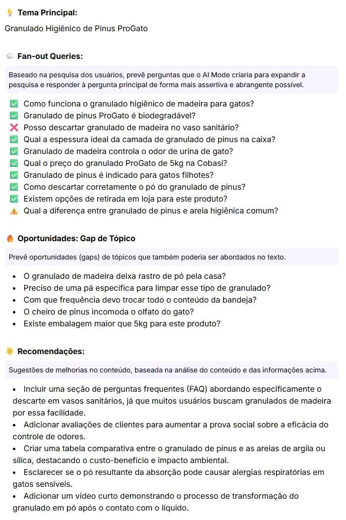 Resultado da análise feita pelo Google AI Mode Insights da Niara para o e-commerce Cobasi