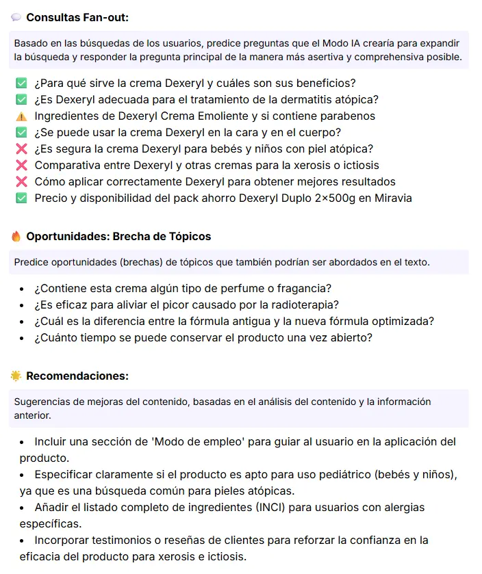 Resultado del análisis realizado por Google AI Mode Insights de Niara para página de producto de Miravia
