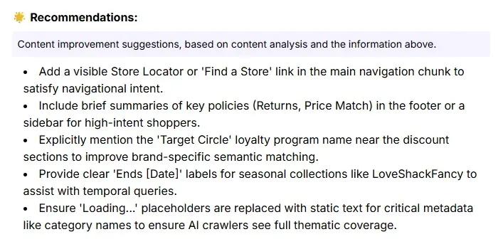 Recommendations by Niara's Google AI Mode Insights for Target