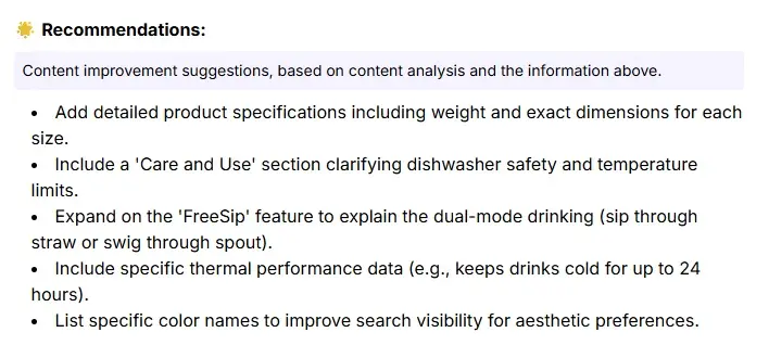 Recommendations by Niara's Google AI Mode Insights for Target's product page