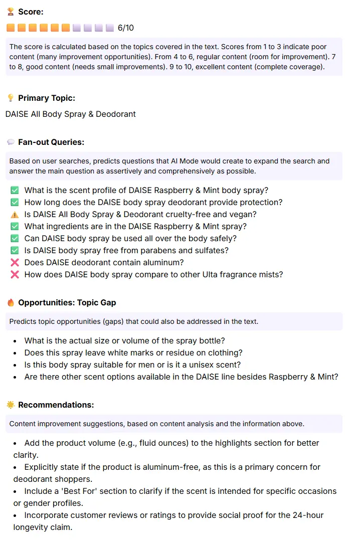 Product page analysis made by Google AI Mode Insights