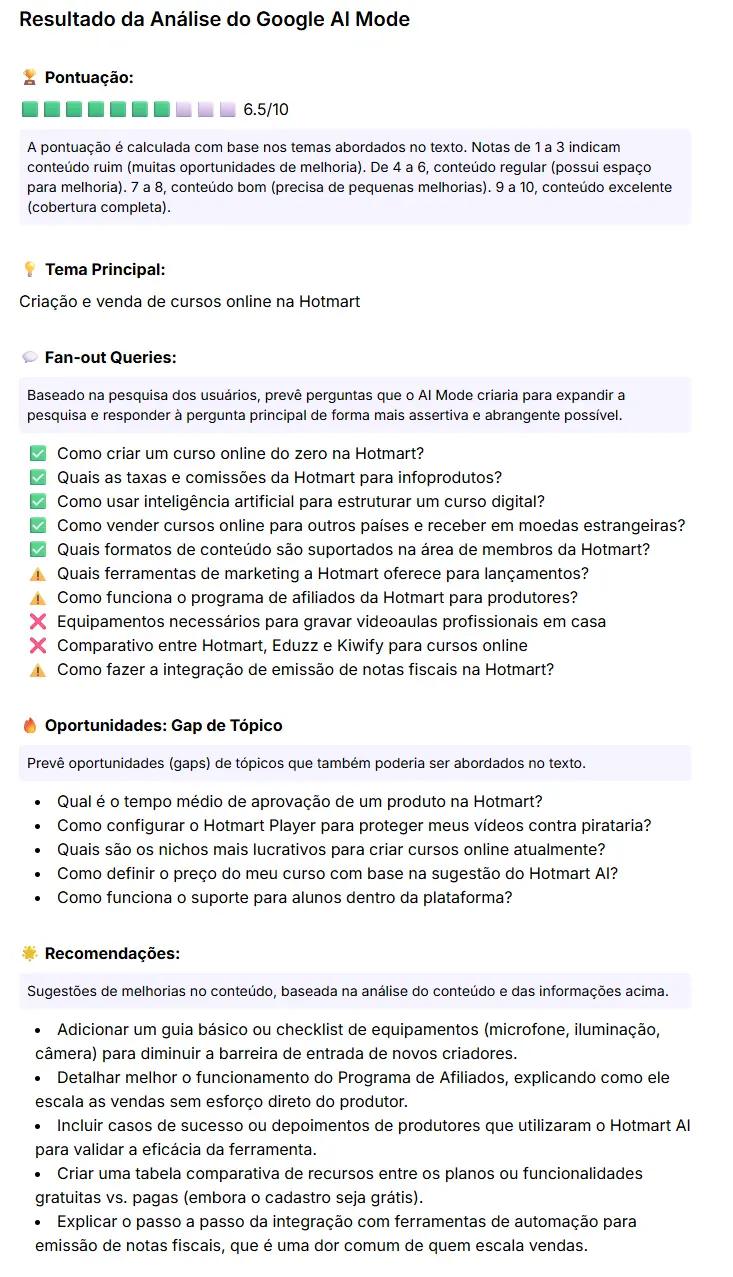 Resultado da avaliação feita pelo Google AI Mode Insights para página da Hotmart
