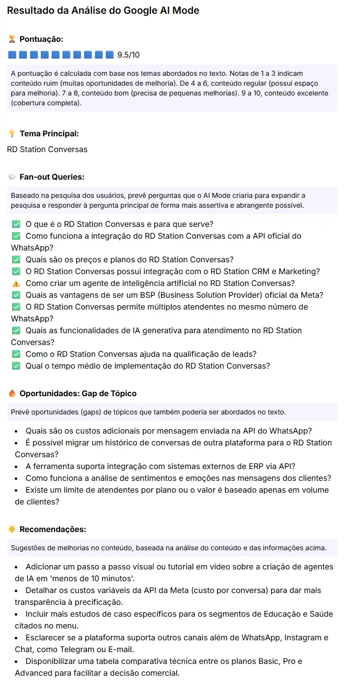 Resultado da avaliação feita pelo Google AI Mode Insights para página da RD