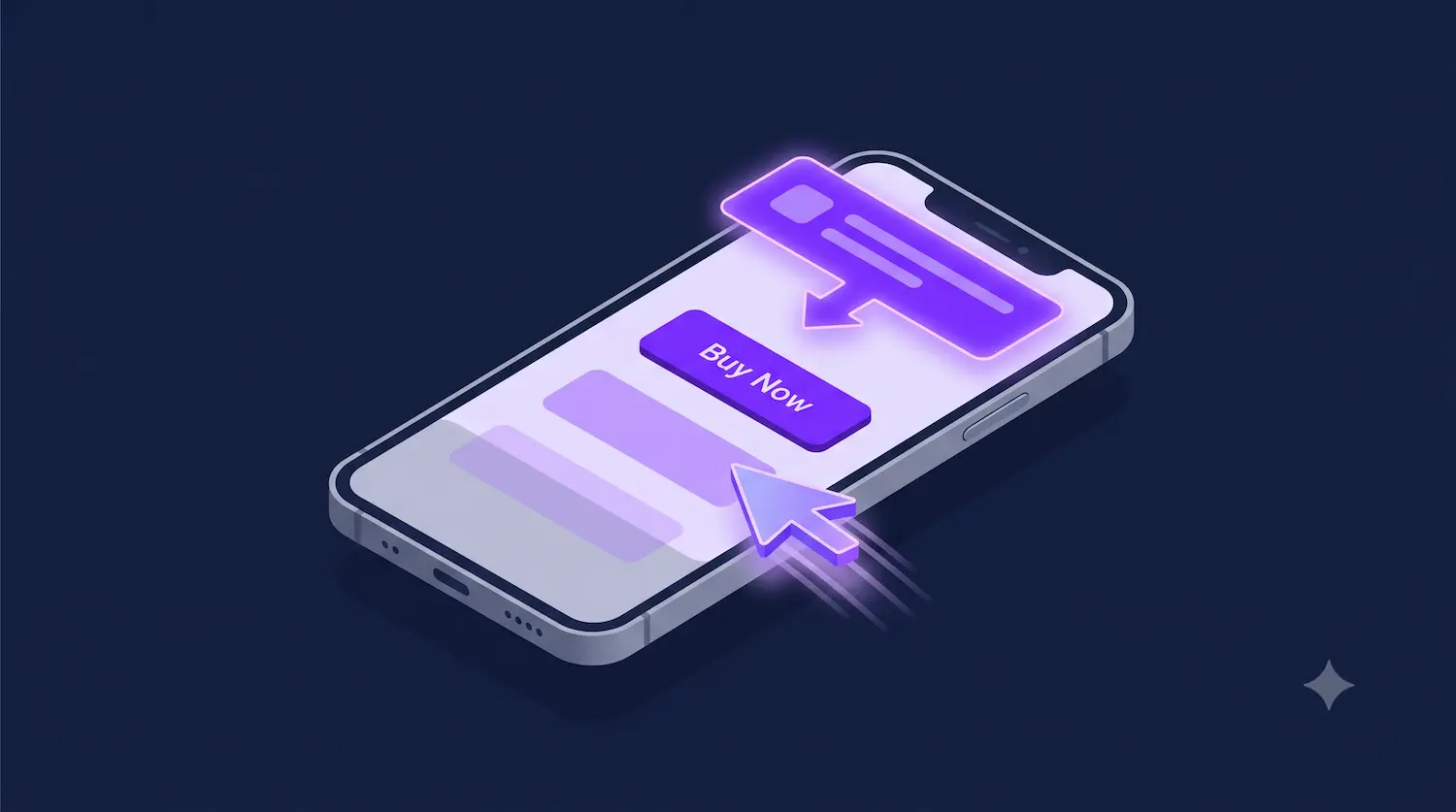 Ilustração 3D isométrica de uma tela mobile mostrando um erro de mudança de layout onde um elemento se move para baixo perto de um botão de Comprar Agora
