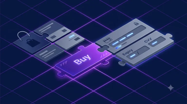 3D isometric illustration of a stable e-commerce checkout flow, representing Core Web Vitals optimization and zero technical layout shifts
