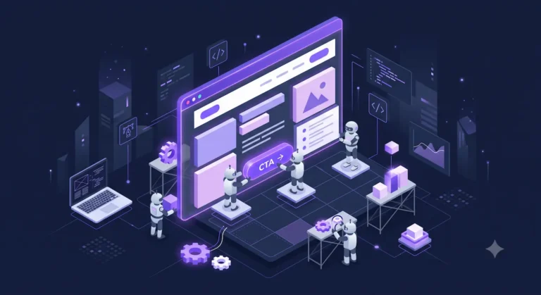 3D isometric illustration of stylized robots creating landing page elements and a purple CTA button on a floating browser screen.
