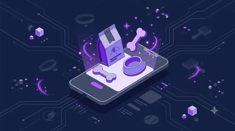 3D isometric illustration of a pet e-commerce digital catalog on a smartphone screen with AI accents