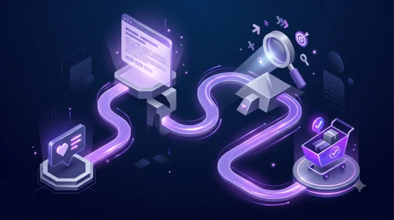 D isometric illustration of an interconnected ecommerce content ecosystem with digital nodes and data streams in navy blue and purple