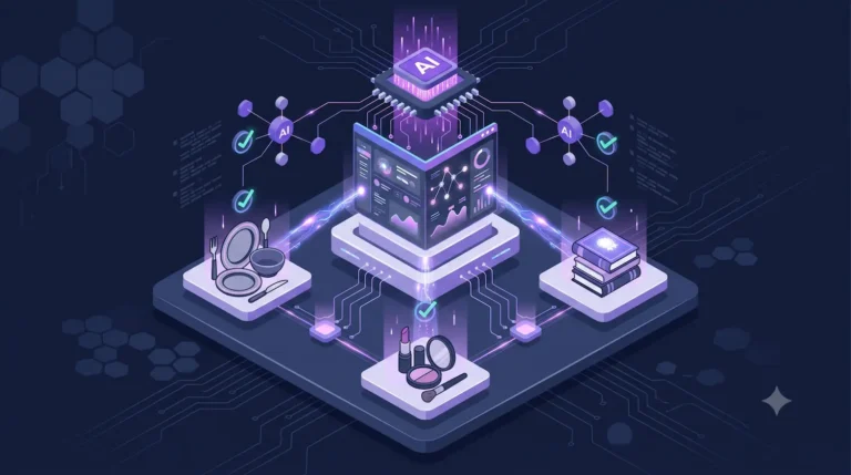 A 3D isometric illustration of an e-commerce generative AI study, featuring a central digital dashboard analyzing a stylized kitchen plate, makeup, and a book, representing the e-commerces analysed.