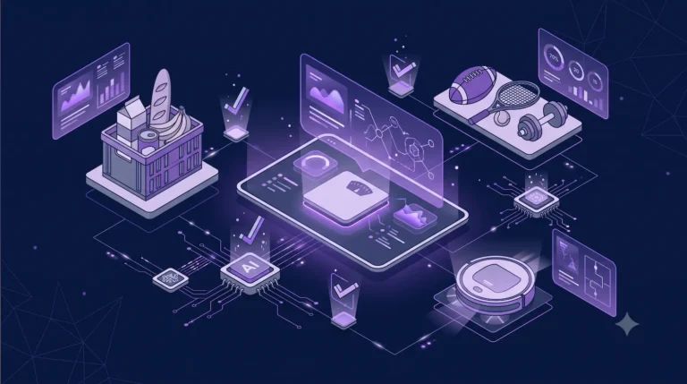 Ilustración isométrica en 3D sobre un estudio de IA generativa en el comercio electrónico, que muestra un cuadro de mando central donde se analizan la compra del súper, artículos de deporte y un robot aspirador, representando los e-commerce analizados.