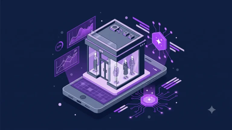Ilustración isométrica 3D de una tienda de moda sobre un smartphone con gráficos de datos en color púrpura.