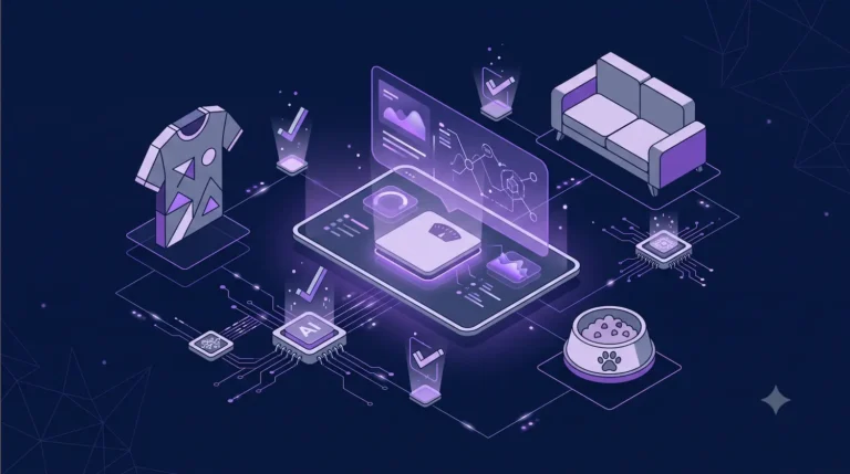 lustração vetorial isométrica 3D em tons de roxo e azul marinho mostrando um painel digital de IA analisando ícones de camiseta, sofá e tigela pet, representando estudo da Niara sobre e-commerces brasileiros na era das IAs.