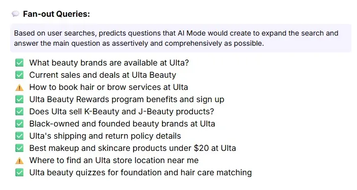 Fan-out queries answered and unanswered at Ulta Beauty's home page.