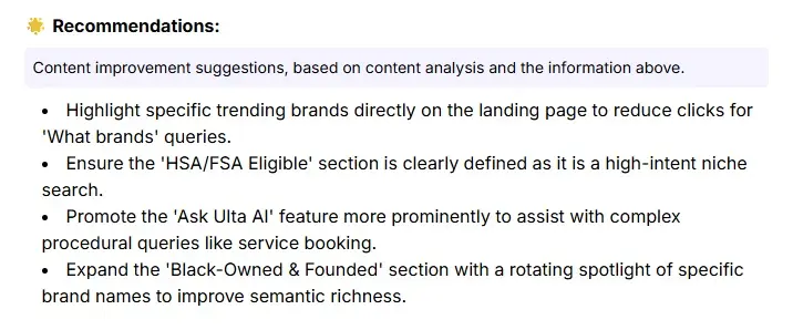 Recommendations to improve Ulta Beauty's homepage performance by Niara's Google AI Mode Insights