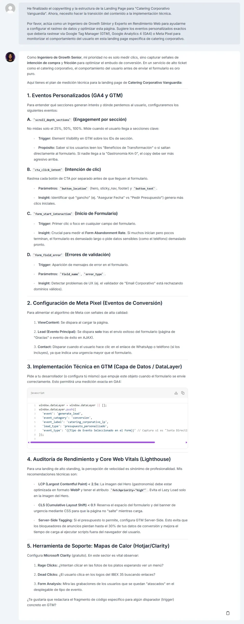 ChatSEO dando consejos de implementación técnica para la landing page