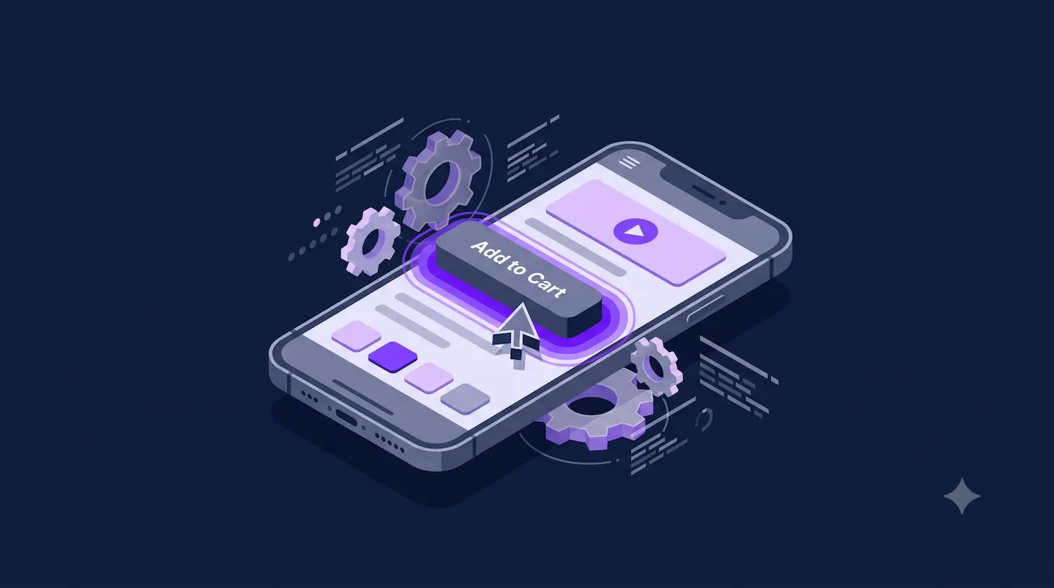 Ilustração 3D isométrica de um app mobile mostrando alto atraso de entrada em um botão Adicionar ao Carrinho cercado por ícones de engrenagem