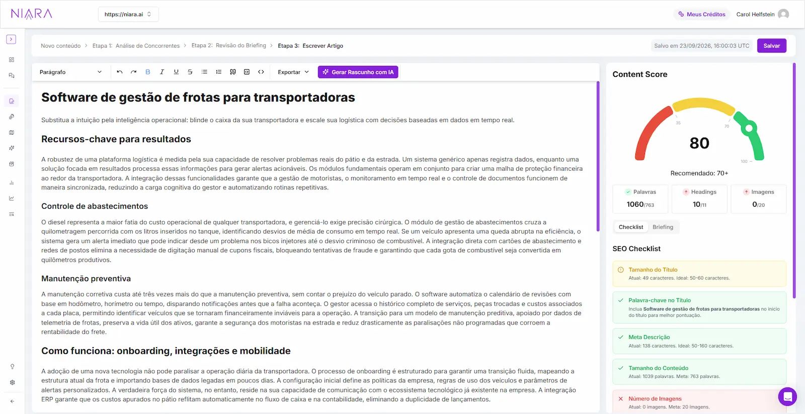 Criação do conteúdo da landing page na última etapa do Fluxo de Conteúdo da Niara