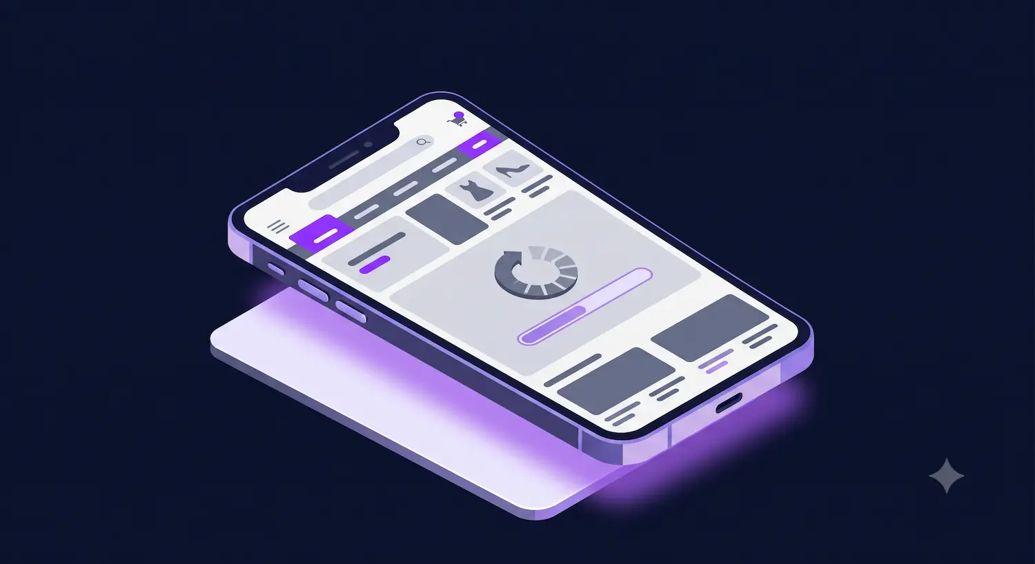 Ilustração 3D isométrica de uma página de compras mobile com um ícone de carregamento lento indicando um erro de LCP no Core Web Vitals