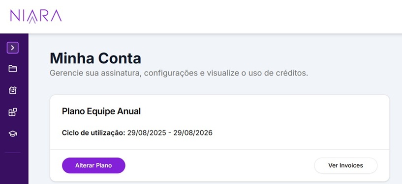 Painel Minha Conta na Niara para mudança de planos e ver invoice