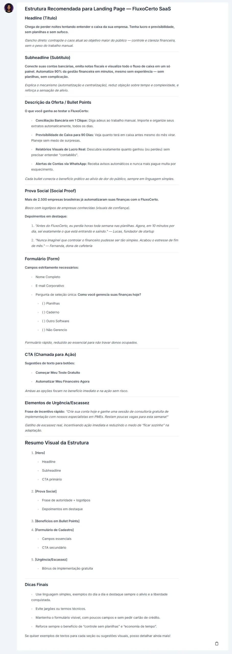 Exemplo de copy e estrutura de landing page gerado pela Niara