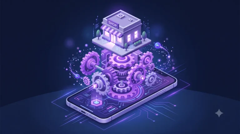 A 3D isometric illustration of a modern smartphone serving as a platform for glowing purple gears and mechanical parts that support a miniature digital storefront.