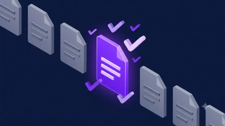 3D isometric illustration of a glowing purple document icon standing out from gray icons, representing a personalized product description in e-commerce.