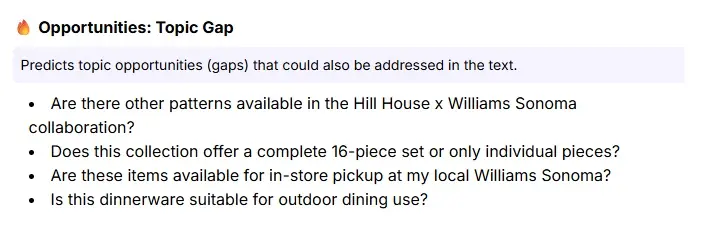 Topic gaps at William-Sonoma's product page