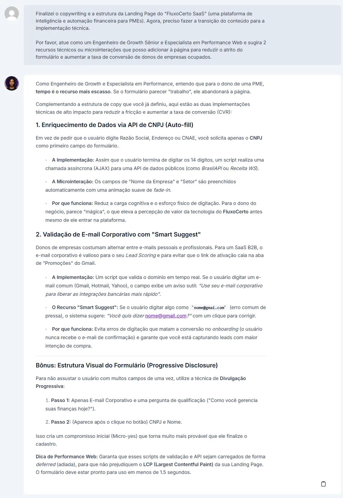 Sugestões para melhorar a experiência do usuário na landing page geradas pelo ChatSEO da Niara