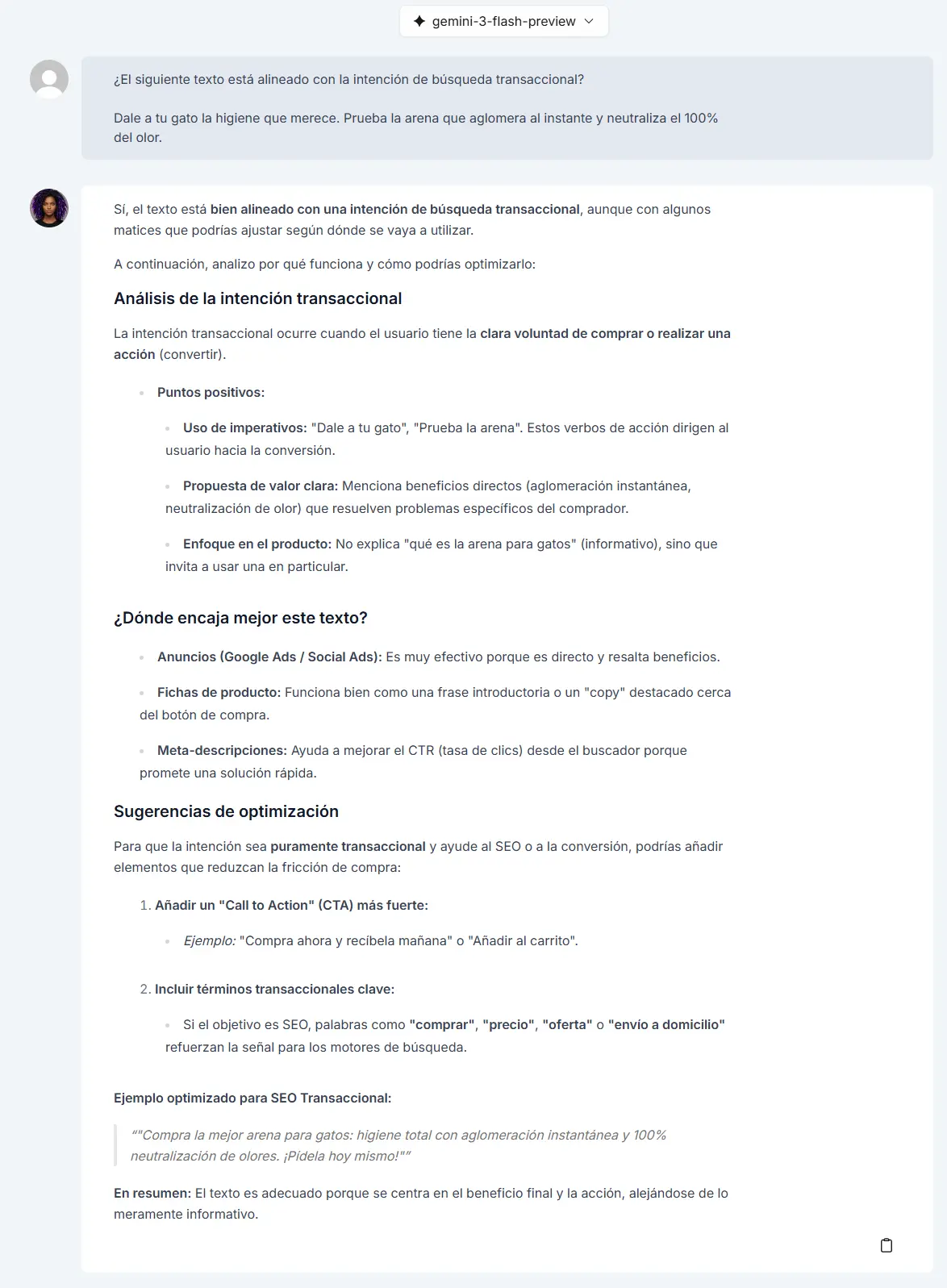 Feedback de la IA de Niara respecto a la intención de búsqueda de la frase.