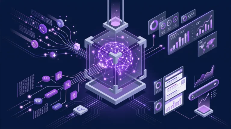 Ilustração 3D isométrica de um cubo digital processando dados de SEO e GEO com conexões neurais em tons de roxo e azul marinho.