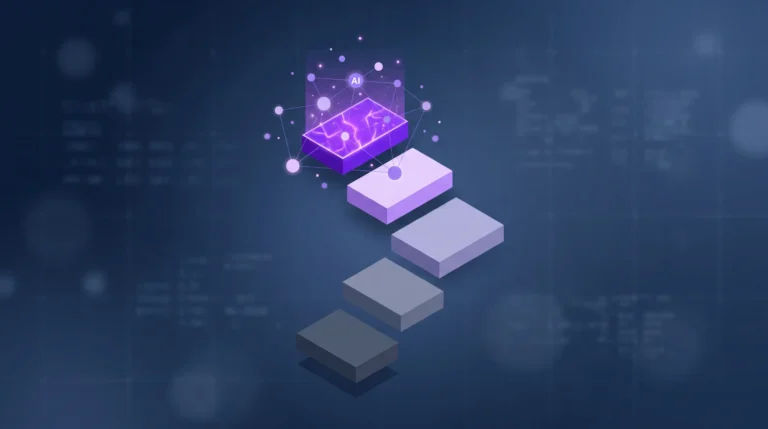A 3D isometric illustration of a floating block staircase representing AI search competition.