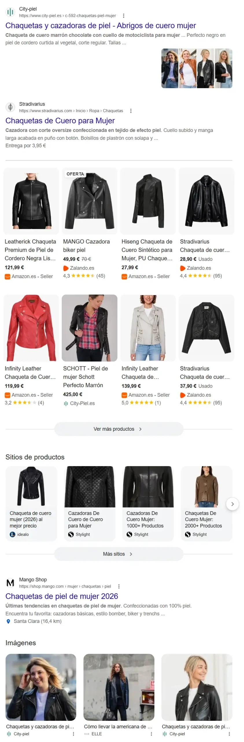 Captura de resultado de la serp mostrando resultados para chaqueta de cuero mujer