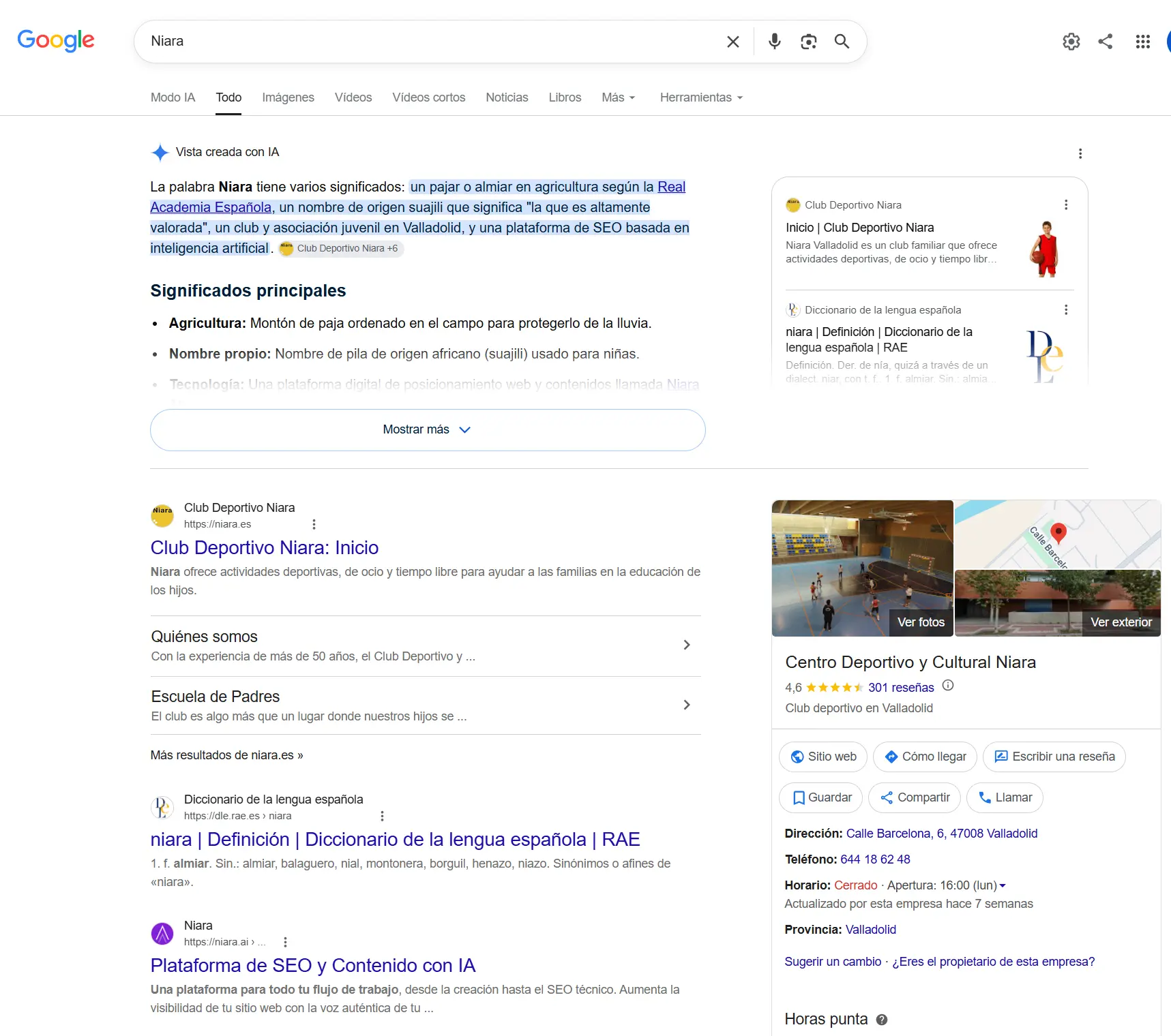 Captura mostrando resultado para búsqueda niara en google
