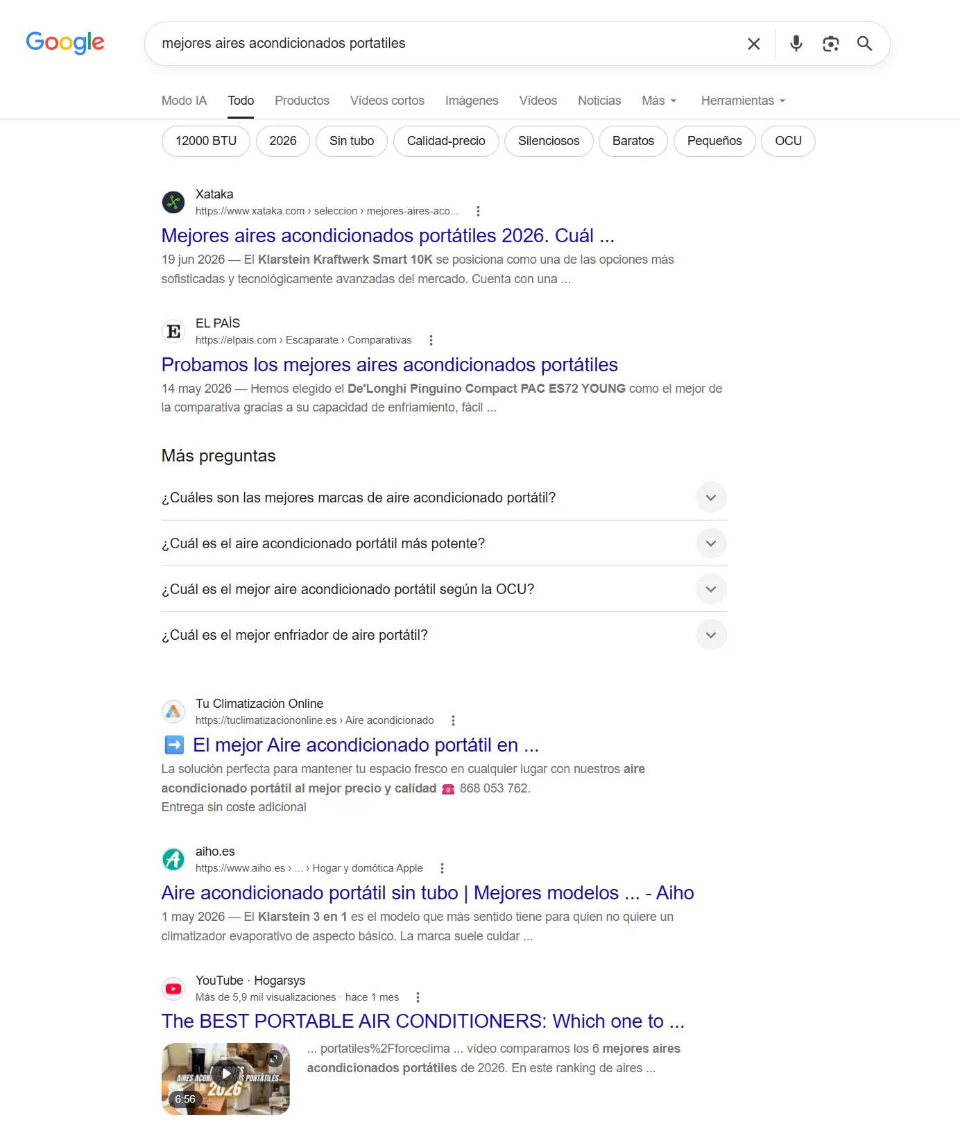 Ejemplo de SERP para intención de búsqueda comercial