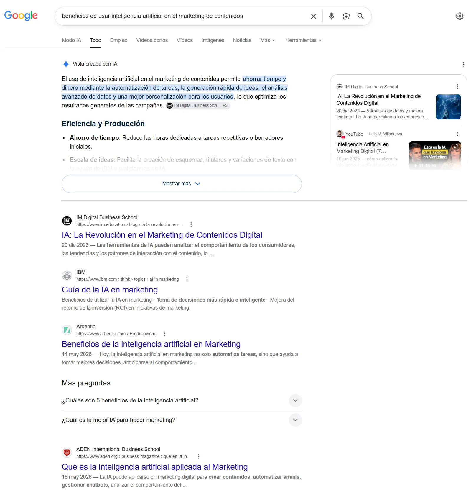 Ejemplo de SERP para intención de búsqueda informacional