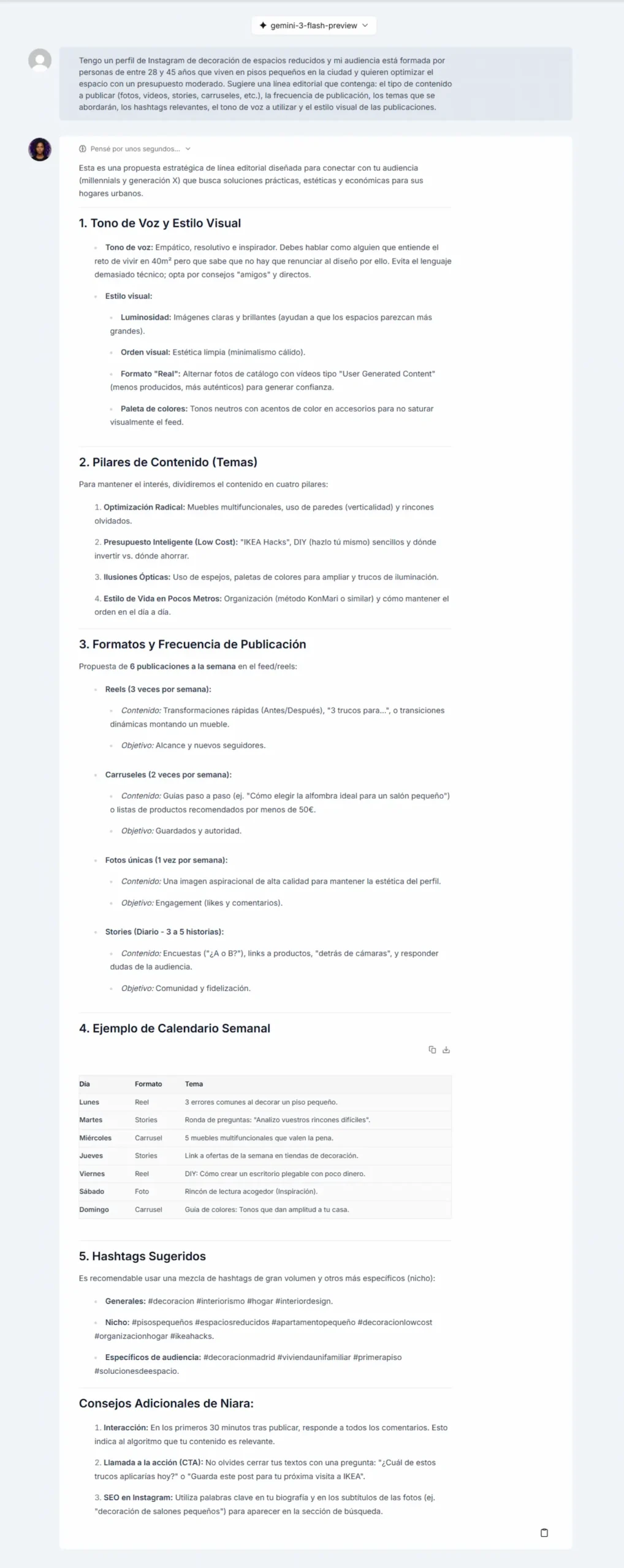 Sugerencia de línea editorial creada por Niara en el ChatSEO