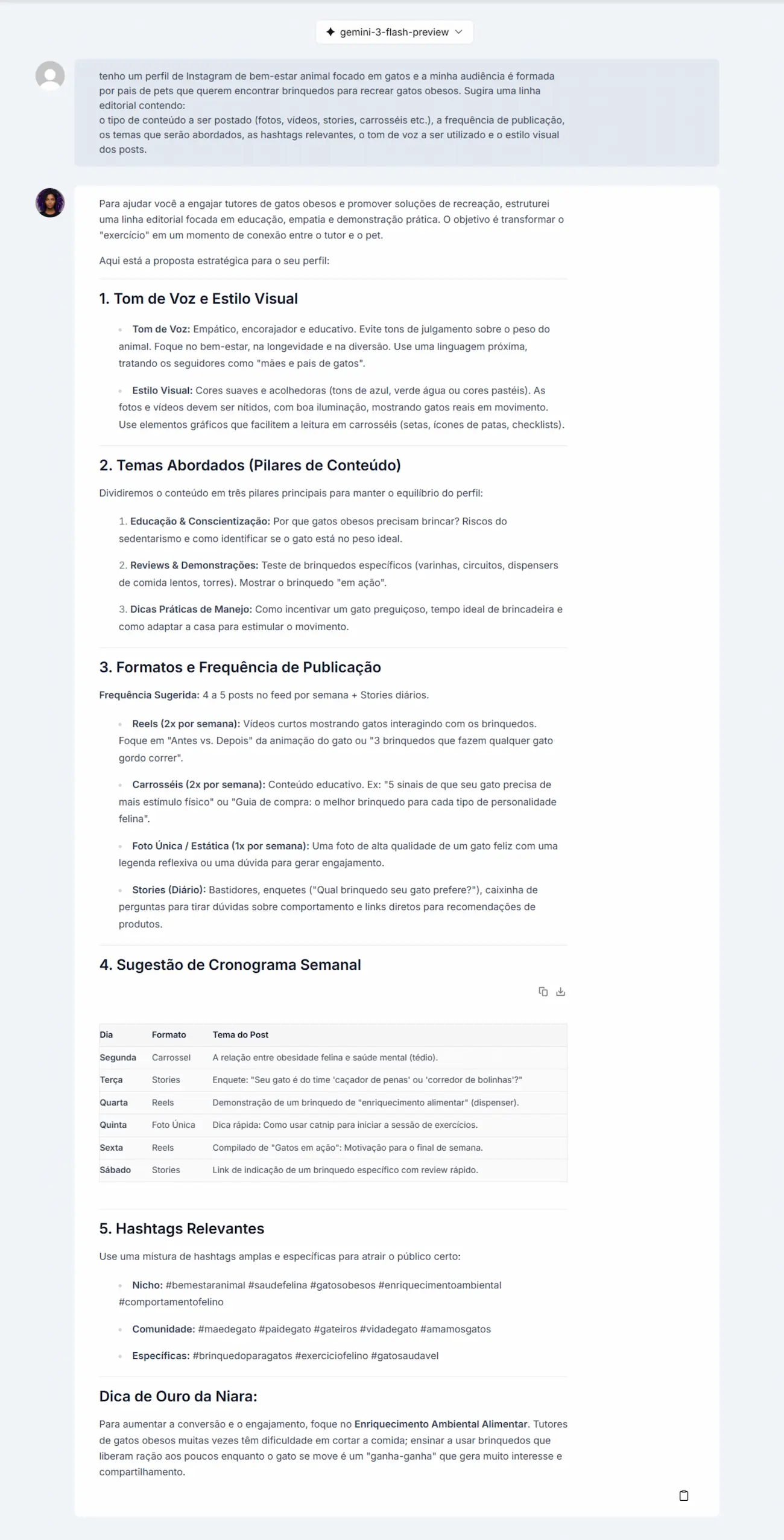 Sugestão de linha editorial criada pela Niara no ChatSEO