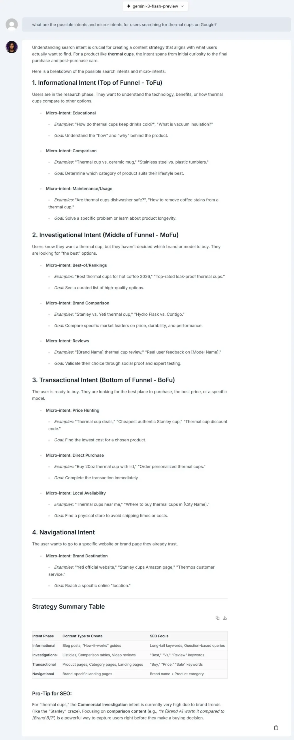 Intents and micro-intents for a term generated by ChatSEO