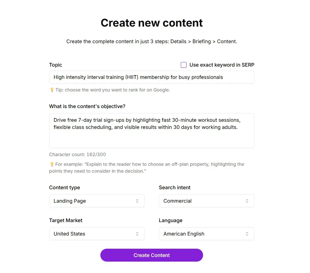 Niara's Content Workflow featuring options for topic, objective, content type, and search intent.