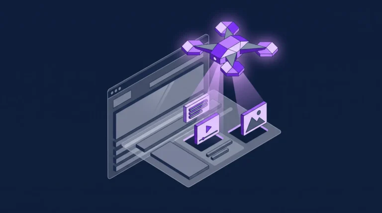 Ilustração isométrica 3D mostrando um drone de IA extraindo blocos de conteúdo de uma página web flutuante, representando o processo de extração de dados para inteligência artificial.