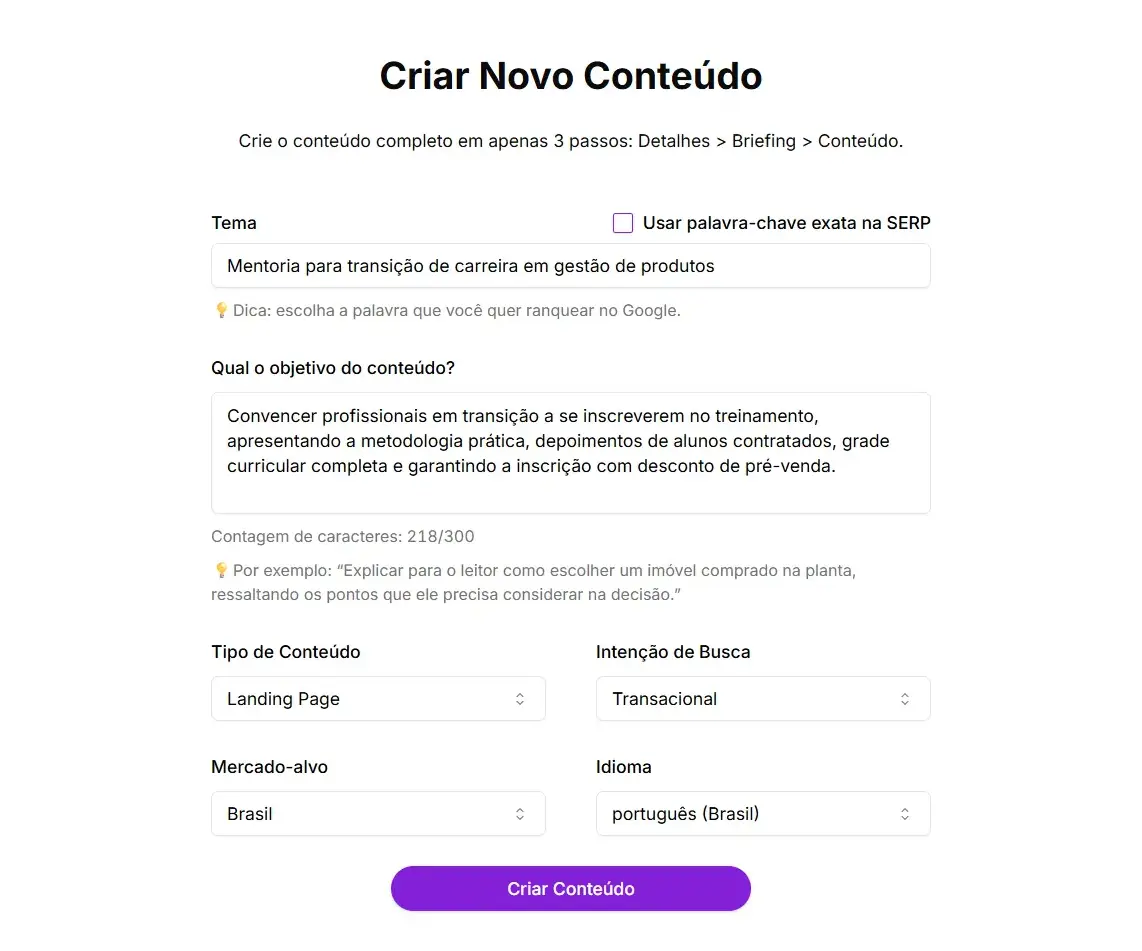 Fluxo de Conteúdo da Niara com opções de tema, objetivo, tipo de conteúdo e intenção de busca.