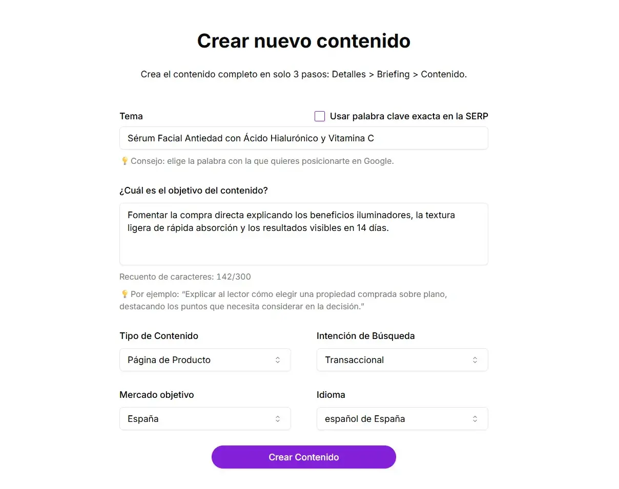 Flujo de Contenido de Niara con opciones de tema, objetivo, tipo de contenido e intención de búsqueda.