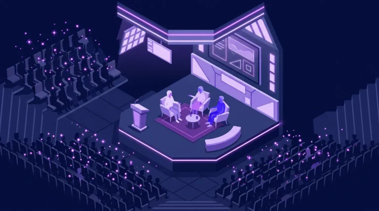 3D isometric illustration of a futuristic auditorium with minimalist figures on stage for a community discussion, featuring a crowded audience of silhouettes and a midnight navy and electric purple color palette.