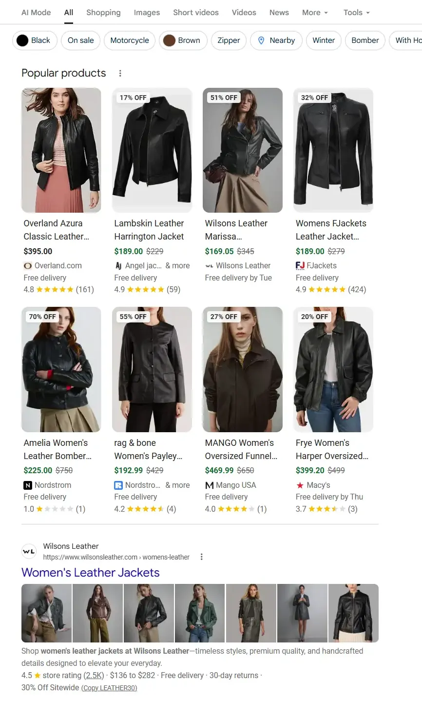 SERP results for the query genuine leather jacket for womens
