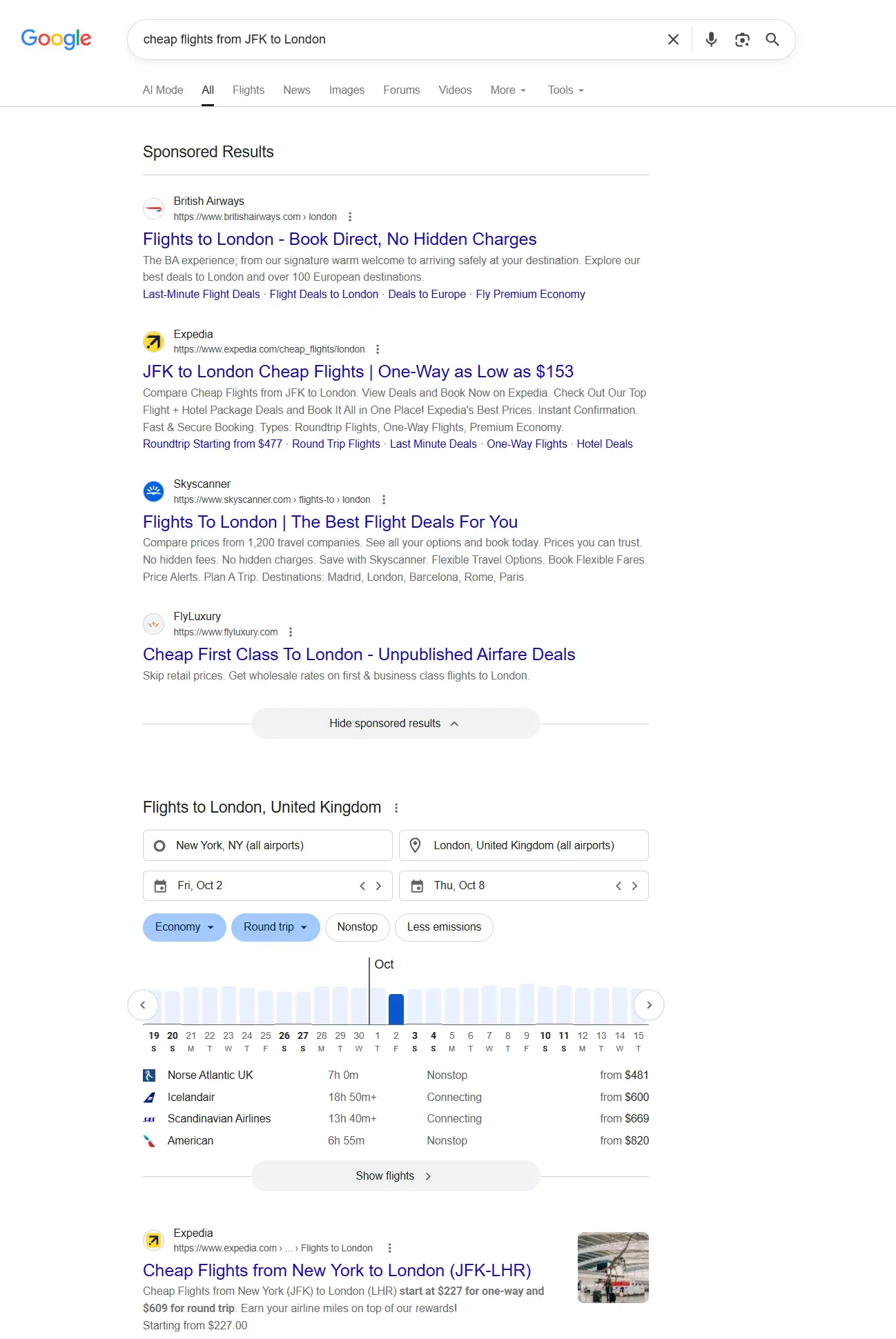 Example of SERP for transational search intent