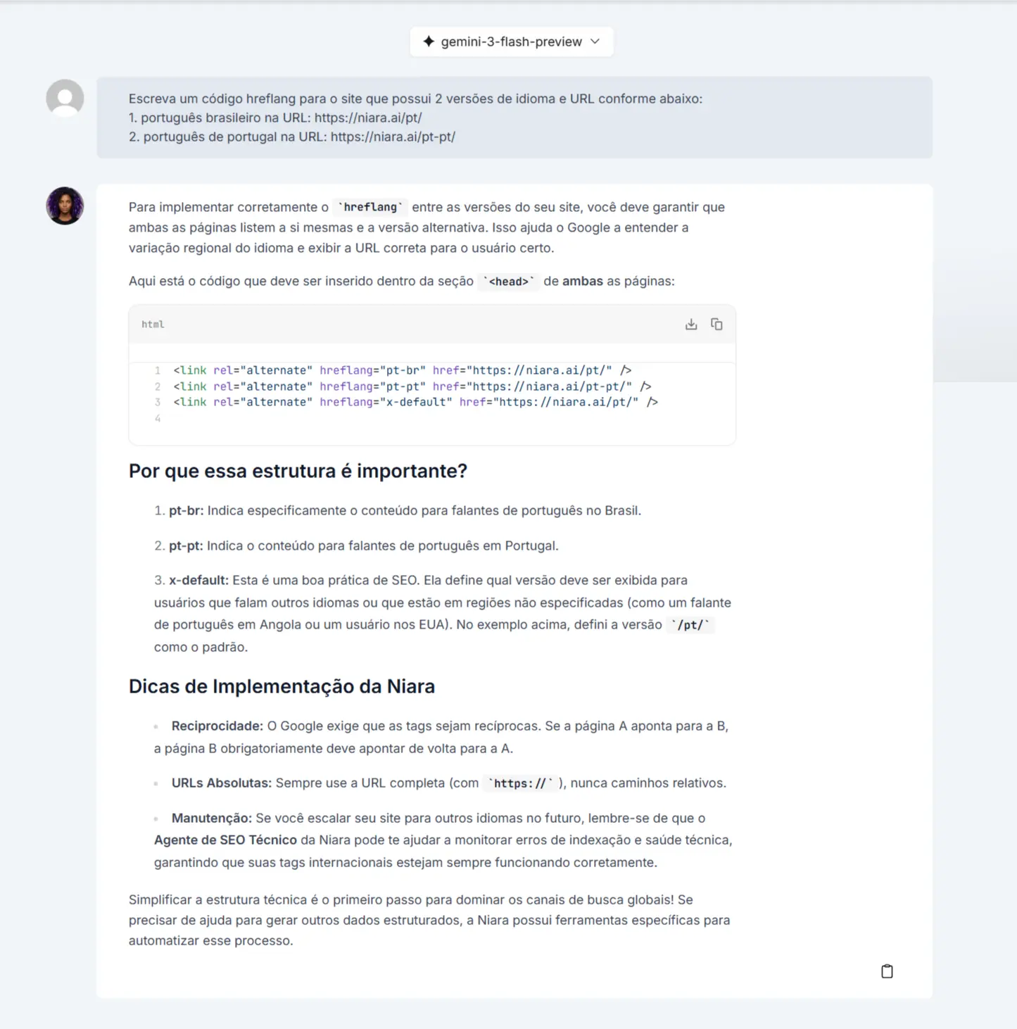 Exemplo de geração de código hreflang para site feito no ChatSEO