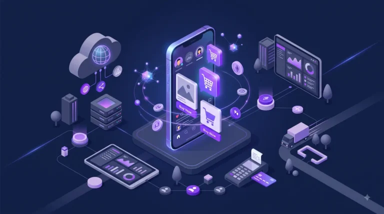 3D isometric illustration of a social commerce ecosystem featuring a smartphone with a product feed, floating shopping icons, and digital coins on a navy blue background.