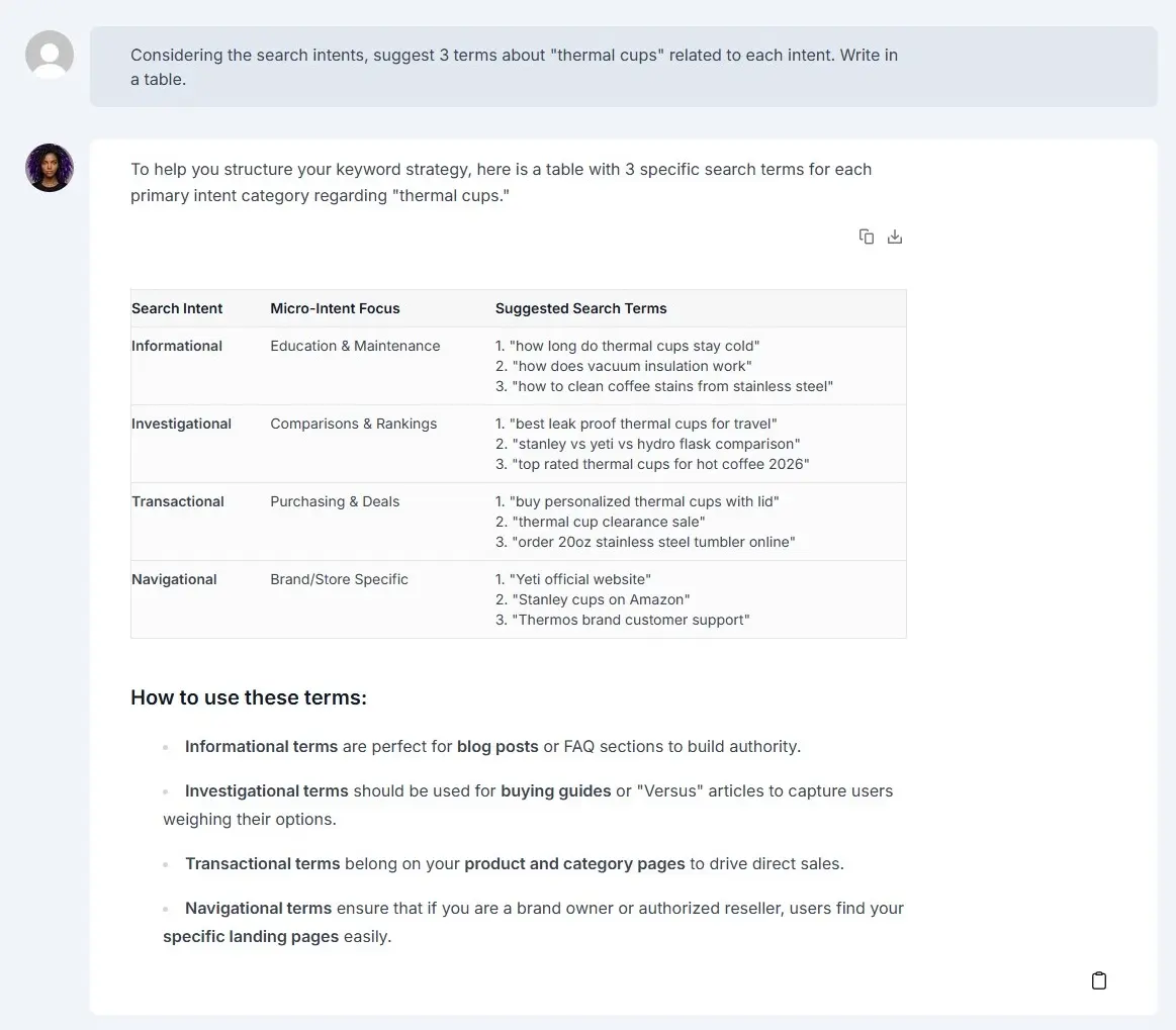 Terms suggestions related to microintents and search intent generated by ChatSEO